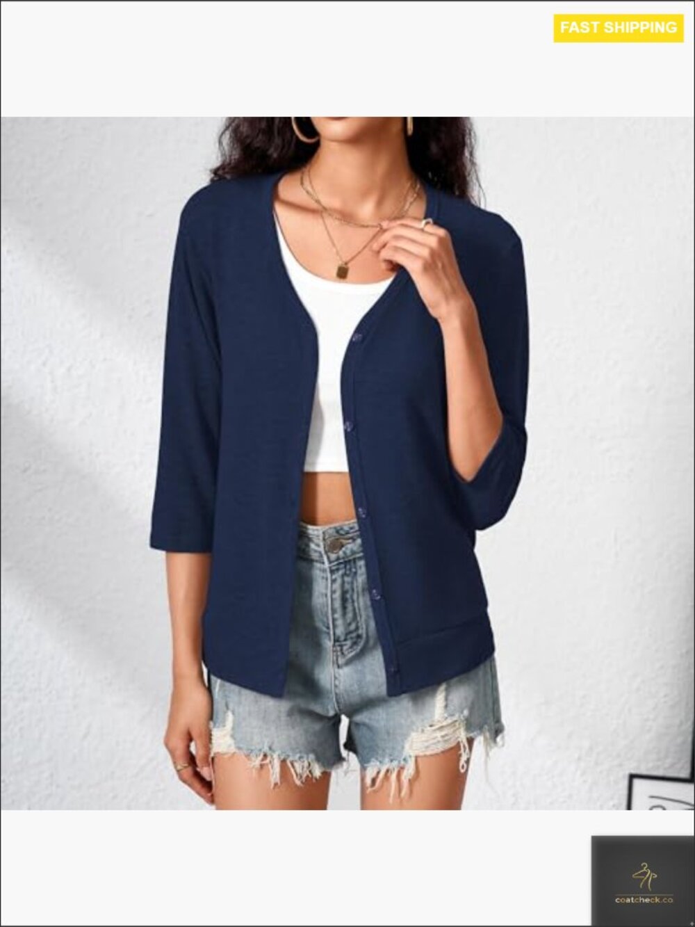 Lightweight Knit Cardigan 3/4 Sleeve Button Down Open Front Summer Cover Up - Picture 3 of 7